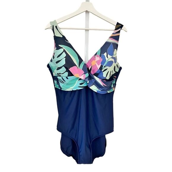 Maxine Of Hollywood Floral V Neck Drape Front One Piece Swimsuit Size 16 - Picture 1 of 9